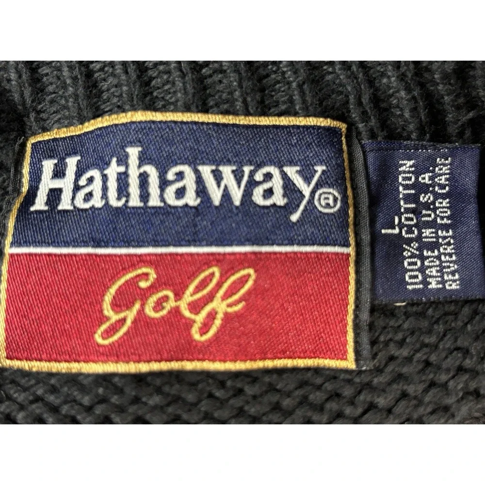 Vtg Hathaway Golf Sweater Sz Large Black Crest Oversized 90's Grandpa Crew Neck